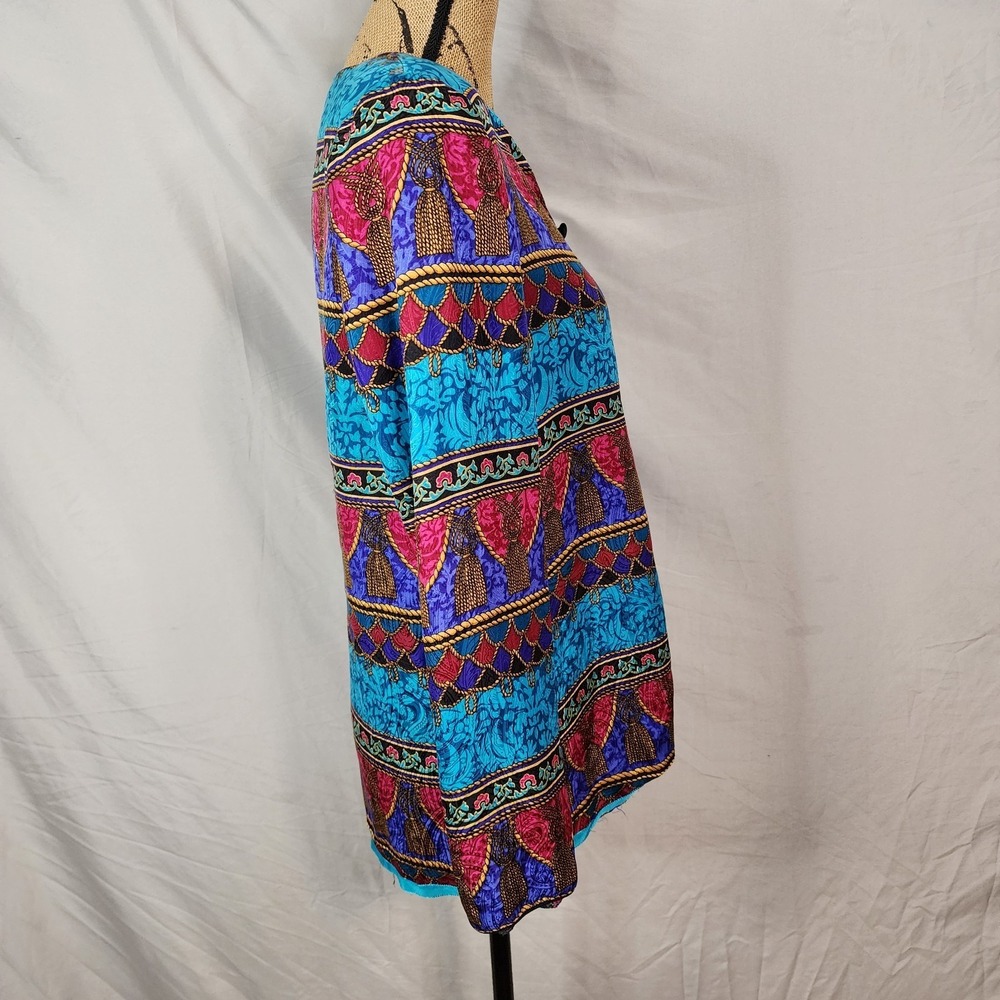 Vintage ADRIANNA PAPELL Size 12 Rope Tassel Print 100% Silk Bright Retro Blouse - Picture 4 of 12